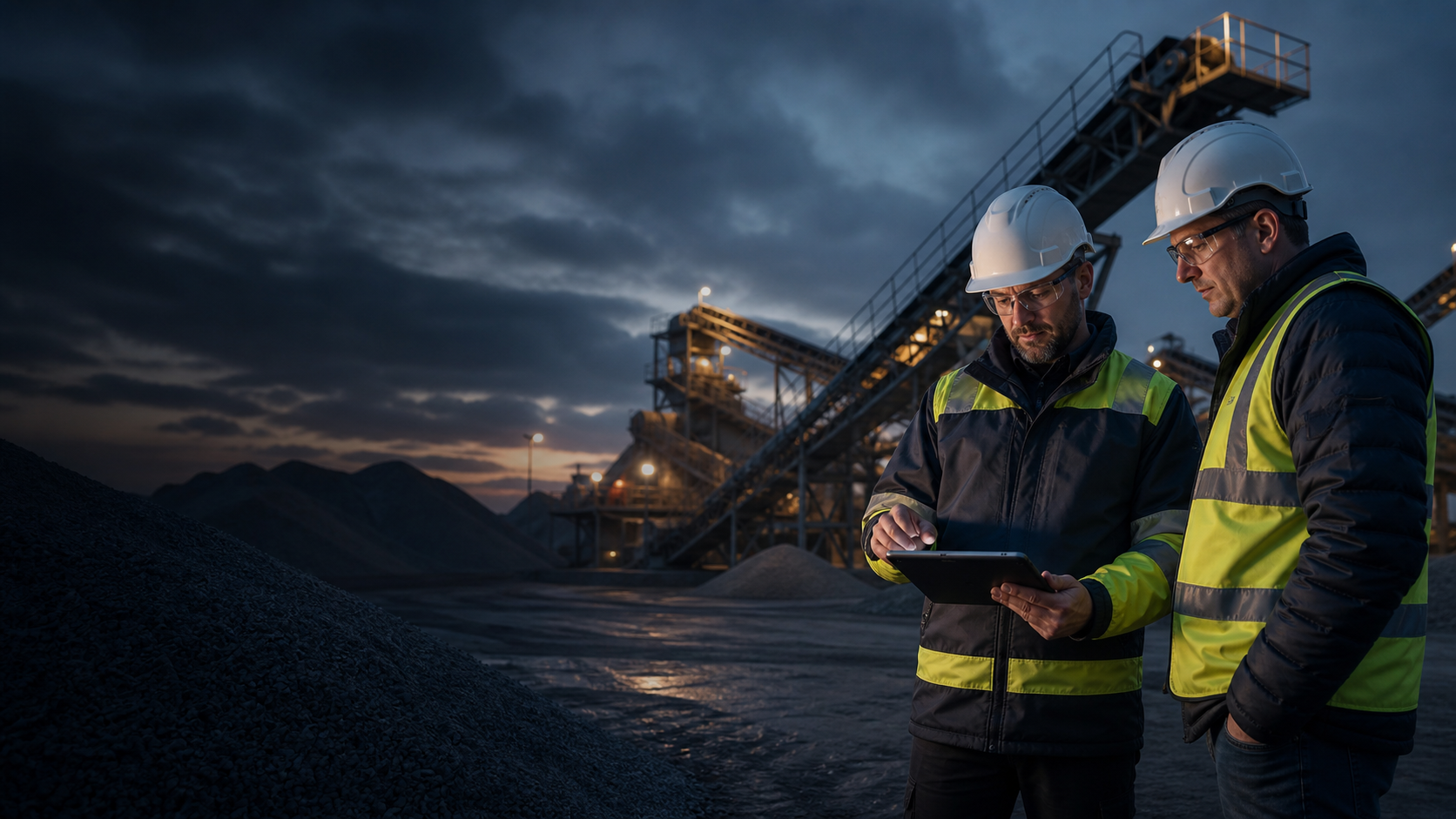 Crusher site operators reviewing production data on a tablet